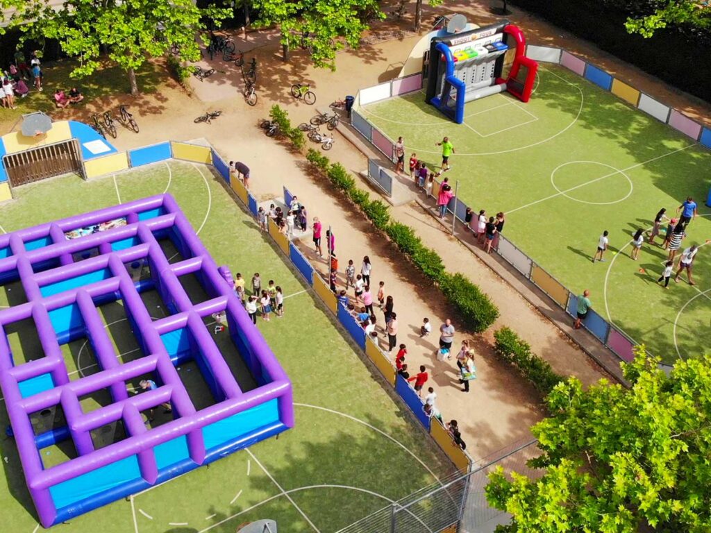 Sports courts with inflatable games and guests
